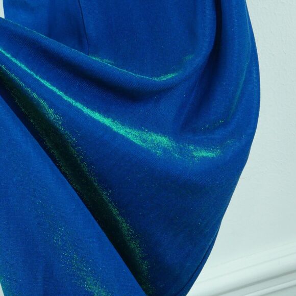 Vintage 3 4 Prom Dress 90s Y2K Blue Green Iridiscent Shiny Metallic Column Maxi - Picture 6 of 11